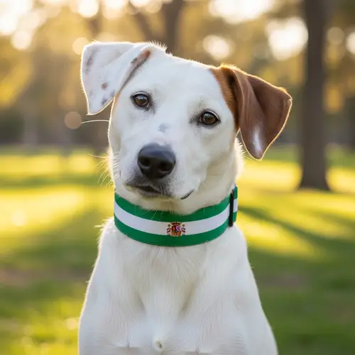 White Dog with Brown Spots and Andalusian Flag Collar
