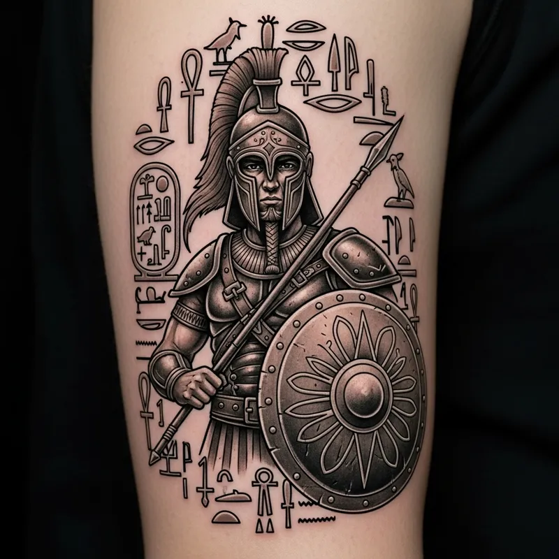 Powerful Warrior Tattoo with Egyptian Hieroglyphics
