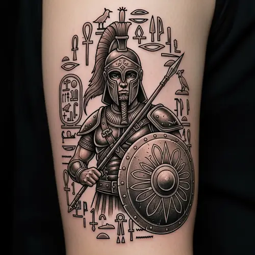 Detailed Warrior Tattoo with Egyptian Hieroglyphics