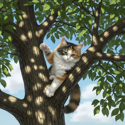 Adorable Calico Cat in Broad-Leaved Tree | Enchanting Green Eyes