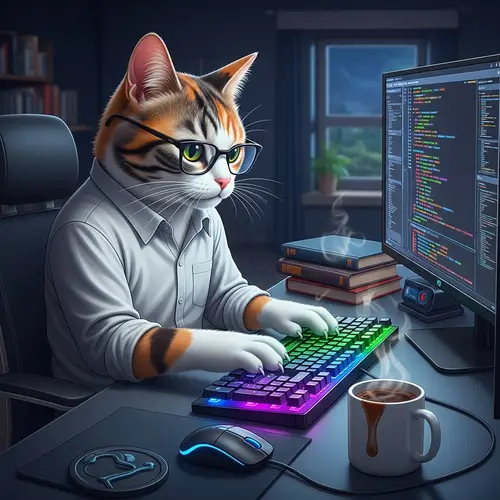 Anthropomorphic Cat Coder at Modern Desk | Coding Illustration