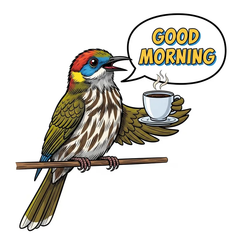 Lively Honeyeater Holding Coffee - Good Morning Comics