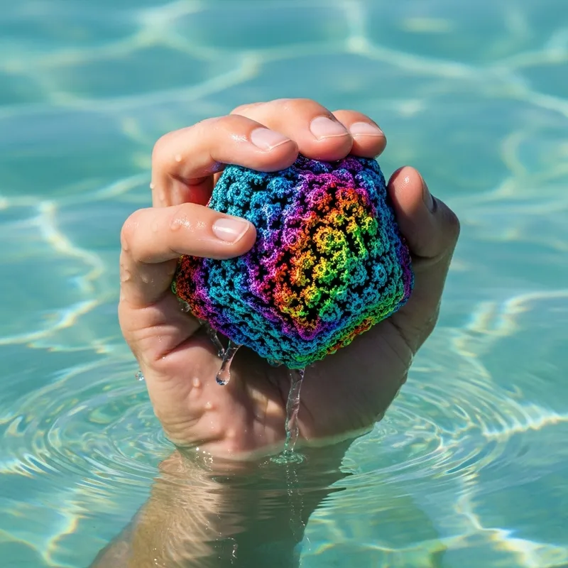 Realistic Hand Rising from Serene Water with Colorful Fractal Object
