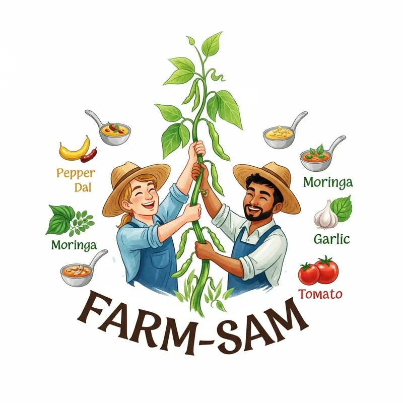 Whimsical Farm Logo with Farmers & Beanstalk