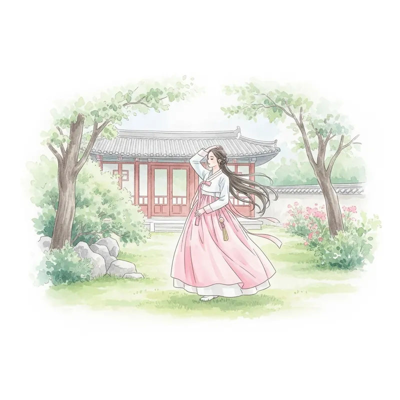 Serene Korean Garden Hanbok Watercolor Art