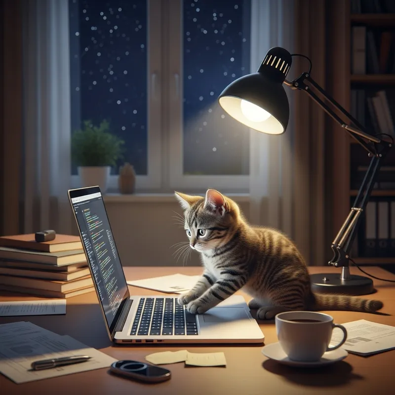 Cute Tabby Cat Coding on Laptop