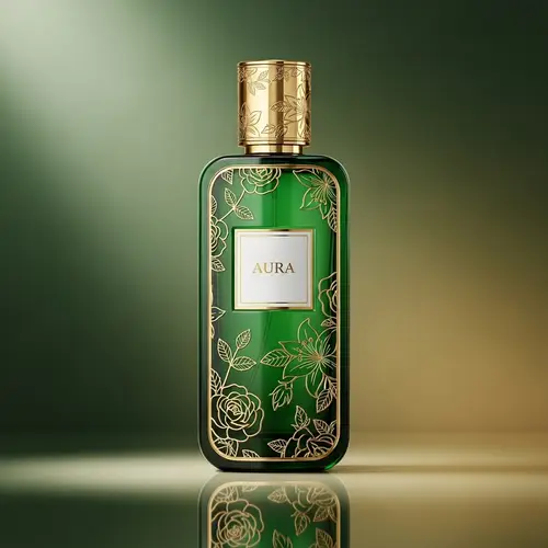 Elegant Green & Gold Perfume Bottle Design