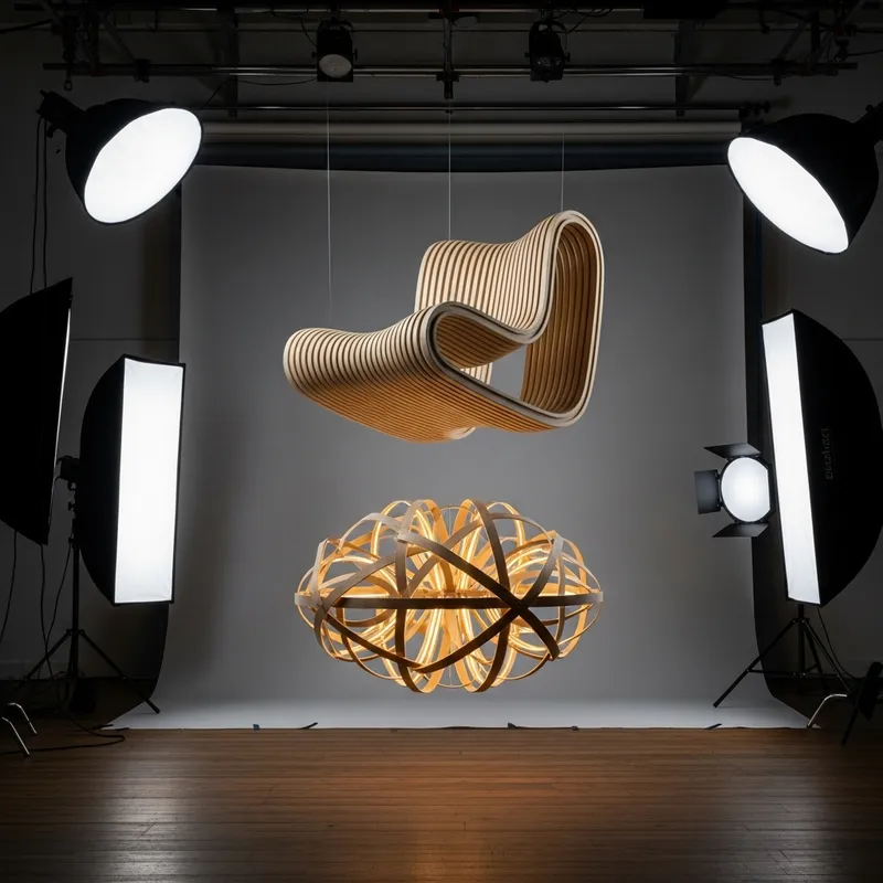 Parametric Wooden Chair & Designer Chandelier in Studio Photo