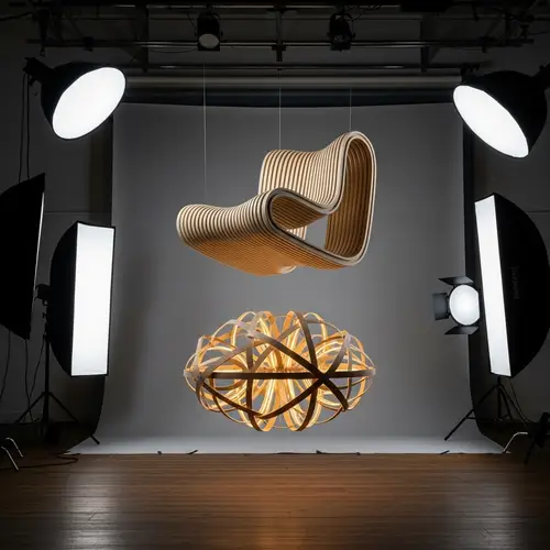 Parametric Wooden Chair & Designer Chandelier in Photography Studio
