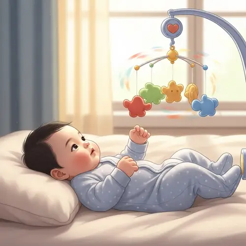 Charming Asian Baby Gazing at Colorful Mobile on Plush Blanket