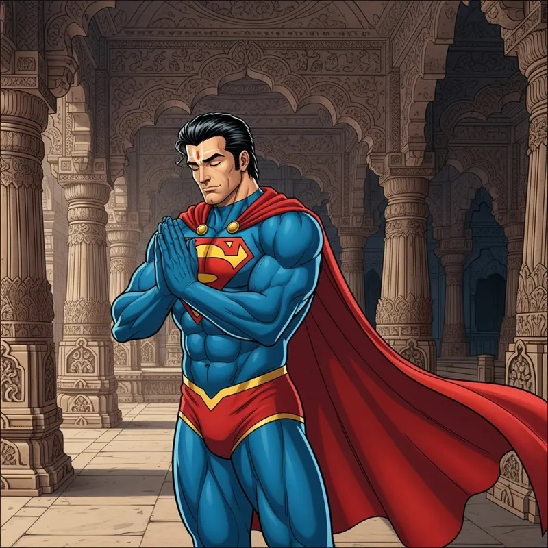 Superman in Indian Temple - Serene and Reverent Superman in Indian Temple - Serene and Reverent