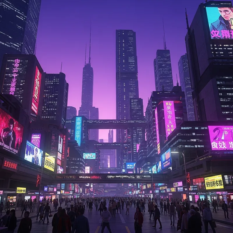 Neon-lit Cyberpunk Cityscape: Futuristic Metropolis at Dusk