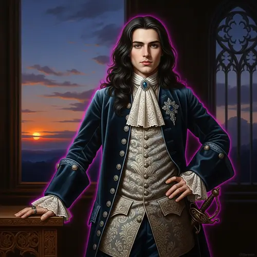 Gothic-style Painting of Long-Haired Male Aristocrat in Twilight Settings