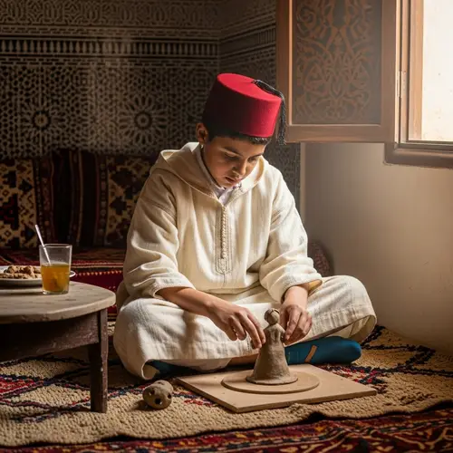 Young Moroccan Boy Crafting Clay Figure on Woven Rug