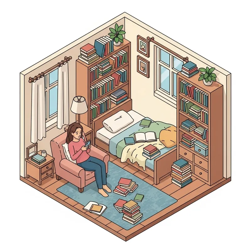 Isometric Bedroom with Bookcases: Vibrant Book-Lover's Paradise
