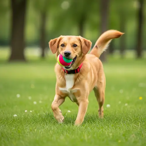Playful Medium-Sized Dog Fetching Multicolored Ball in Green Park