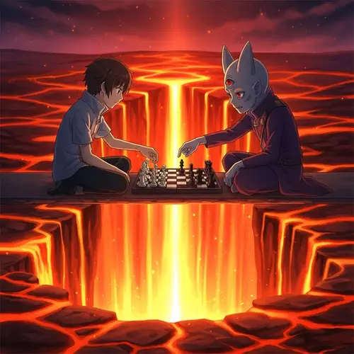 Anime-Style Chess Battle Over Lava Chasm - Dramatic Illustration