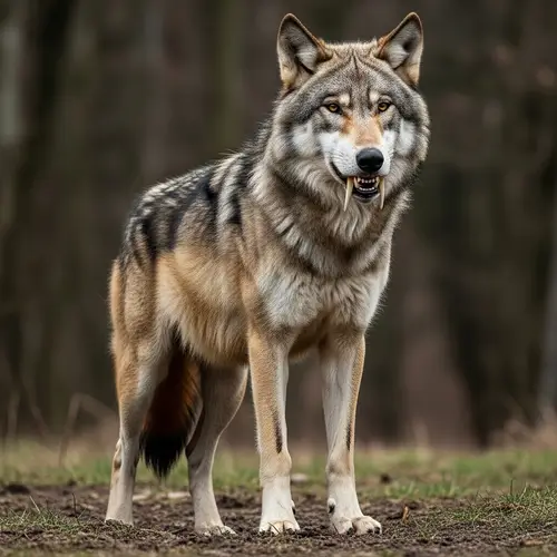 Powerful Wolf with Saber Tooth Tiger Teeth and Tiger Muscles