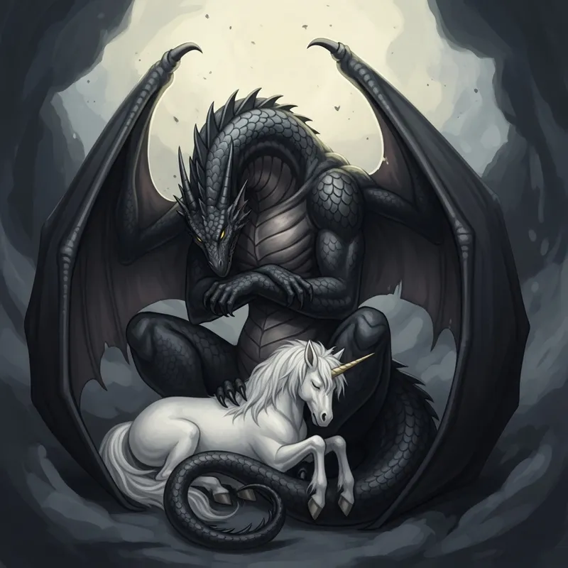 Majestic Black Dragon Embracing Sleeping Unicorn - Mythical Beasts