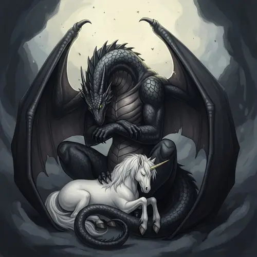 Black Dragon Embracing Sleeping Unicorn - Mythical Creatures
