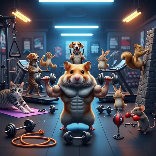 Muscular Hamster lifting Dumbbells in Gym | Fitness Animals Scene