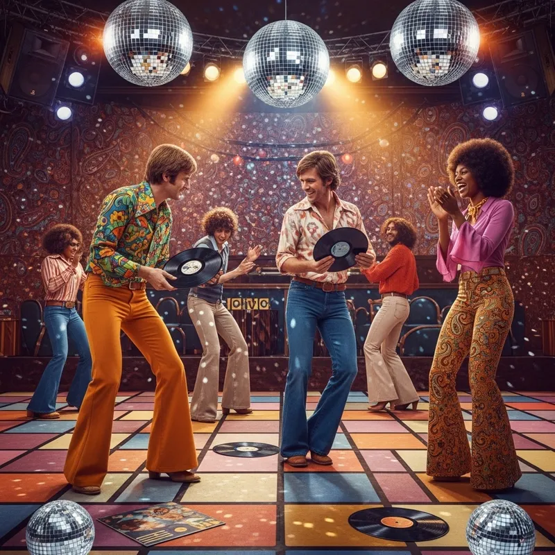 Funky Fresh 1970s Dance Floor with Colorful Mirror Balls