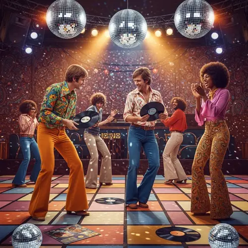 1970s Funk Culture: Vibrant Dance Floor with Colorful Mirror Balls