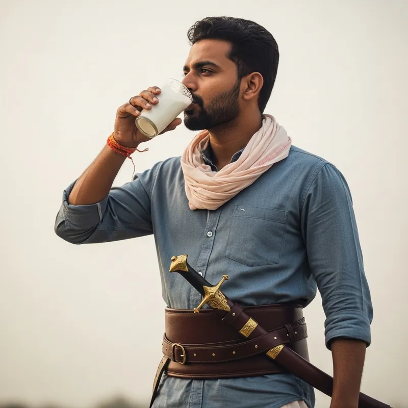 South Asian Man in Sword Belt Drinking Milk - Serene Moment Captured South Asian Man in Sword Belt Drinking Milk - Serene Moment Captured