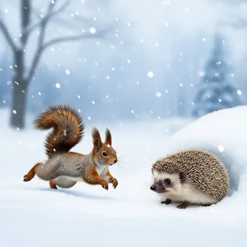 Winter Setting: Cute Squirrel and Hedgehog in Snow