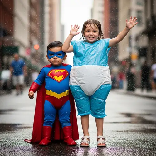 Powerful Toddler Superhero in Vibrant Costume | Whimsical City Scene