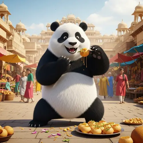 Kung Fu Panda Enjoying Panipuri in Indian Marketplace