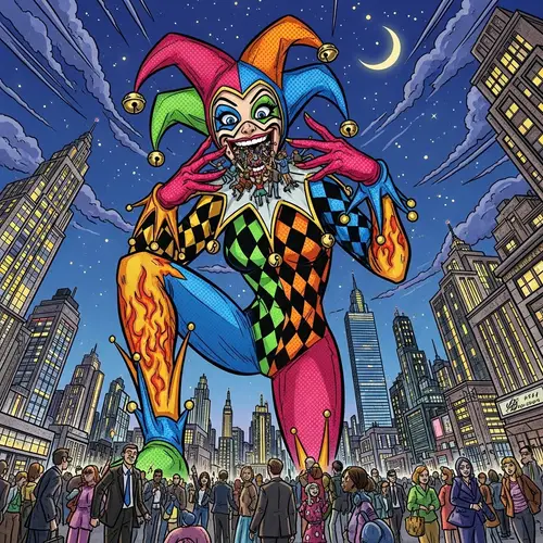 Harley Quinn: Vibrant Jester in the City Skyline