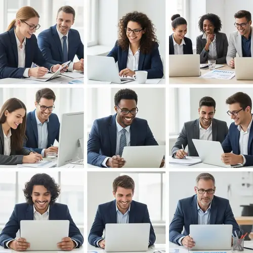 Diverse Business Professionals Engaged in Office Meetings and Remote Work