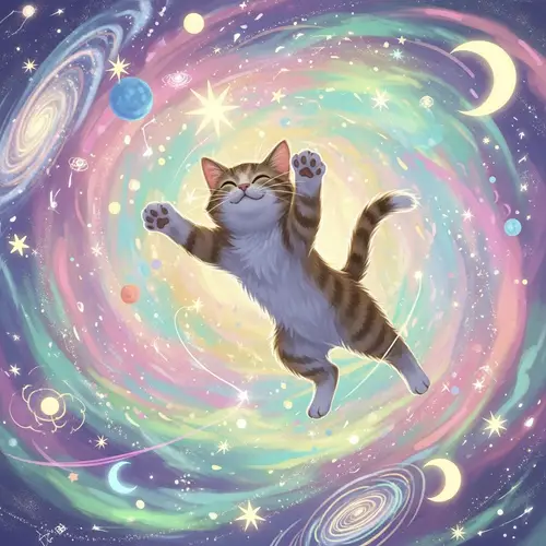Dynamic Cat in Cosmic Universe - Pastel Hues & Joyful Expressions
