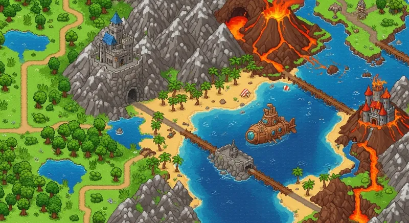 Adventure Pixel Art Landscape: Top-Down View with Diverse Features for Game Level Selector