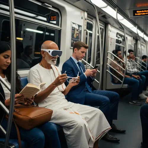 Diverse Commuters on Modern Subway Train with Apple Vision Pro Glasses