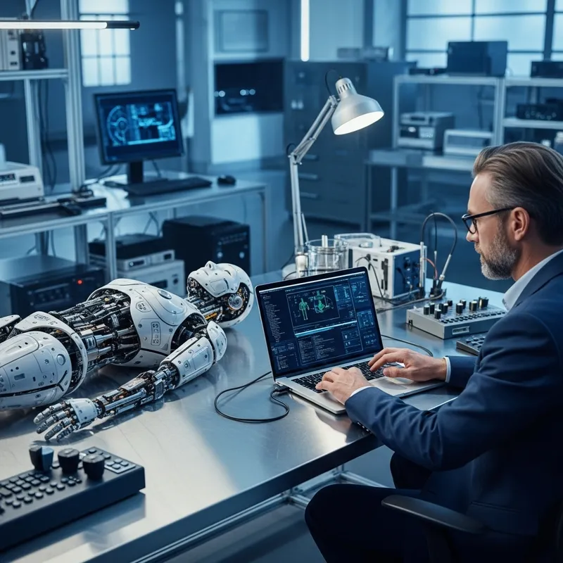 Modern Laboratory Scene with Android, Laptop, and Concentrated Scientist