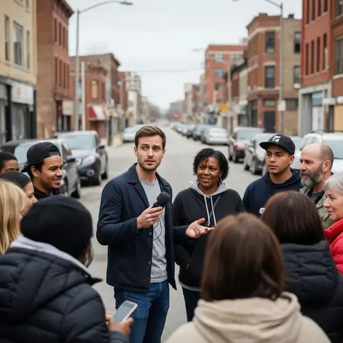 Realistic Photograph of Blogger in Detroit Meeting Locals