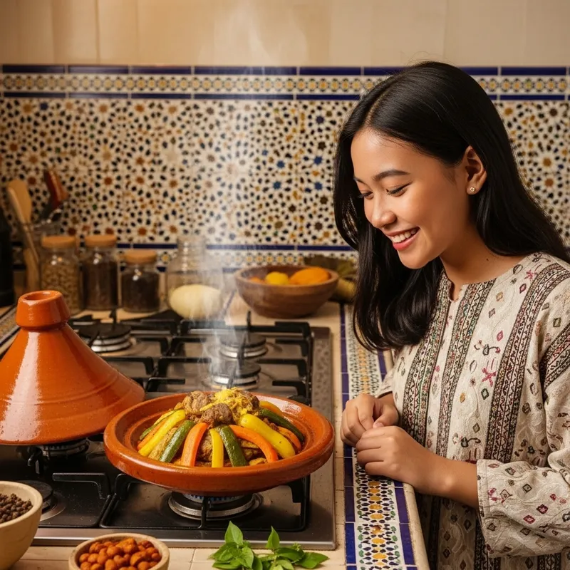 Indonesian Girl Admires Moroccan Tajine | Fusion Cuisine