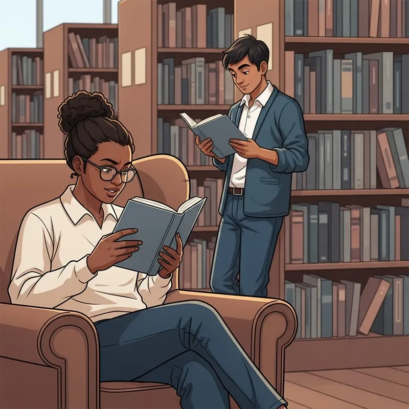 Enthralling Library Reading Scene with Two Individuals