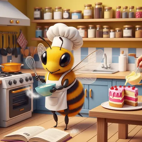 Cartoon Honeybee Chef Baking Cake in Colorful Kitchen