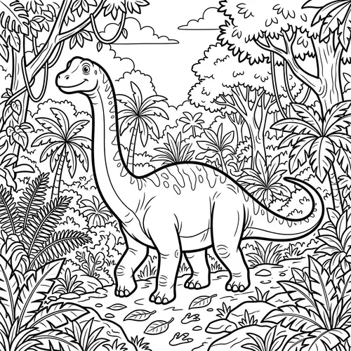 Dinosaur Coloring Page in Jungle - Black & White Art