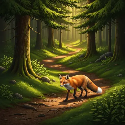Tranquil Forest Scene with Graceful Fox Walking on Dirt Path