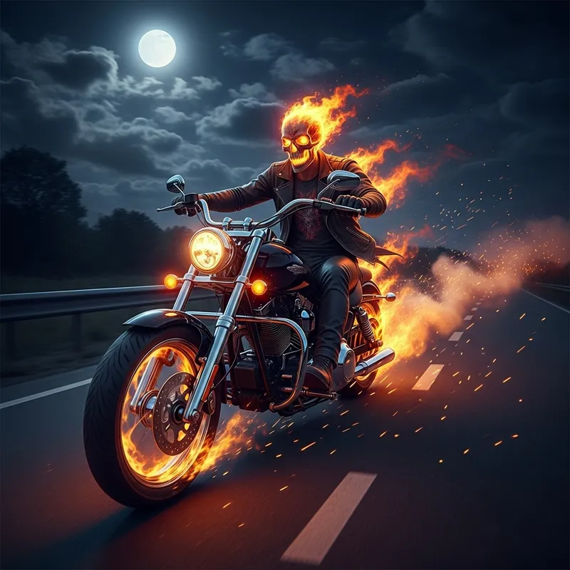 Spectral Ghost Rider Motorcycle on Moonlit Highway | Eerie Rider