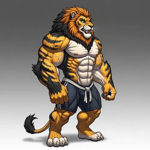 Muscular Anthropomorphic Lion - Powerful Creature with Gold & Black Fur