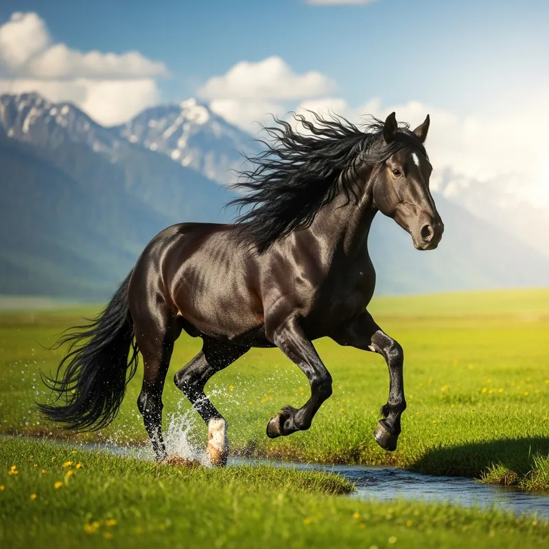 Powerful Black Stallion Galloping in Lush Green Field with Majestic Mountain View