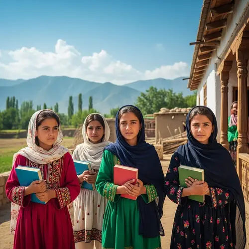 Educated Young Pakhtoon Girls in Traditional Attire with Books