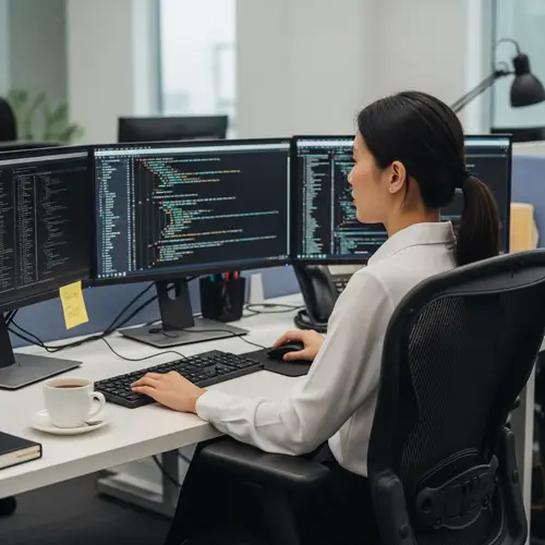Professional Asian Woman Java Programmer in Concentrated Workspace