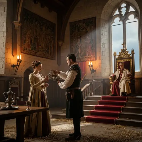 Medieval Castle Scene: Man Fills Woman's Goblet with Wine