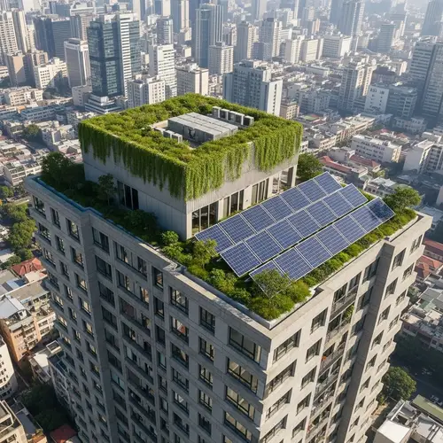 Cozy High-Rise Building with Vegetation and Solar Panels in the City